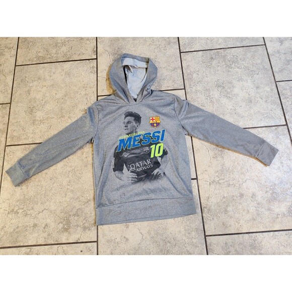 FCB Barcelona #10 Messi Hoodie Pullover Youth Size Large Gray Long Sleeve Sweat - Picture 6 of 16